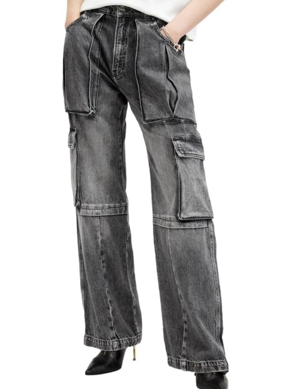 NWT AllSaints Echo Cargo Wide Leg Jeans, Grey, Adjustable Hem, Size 27